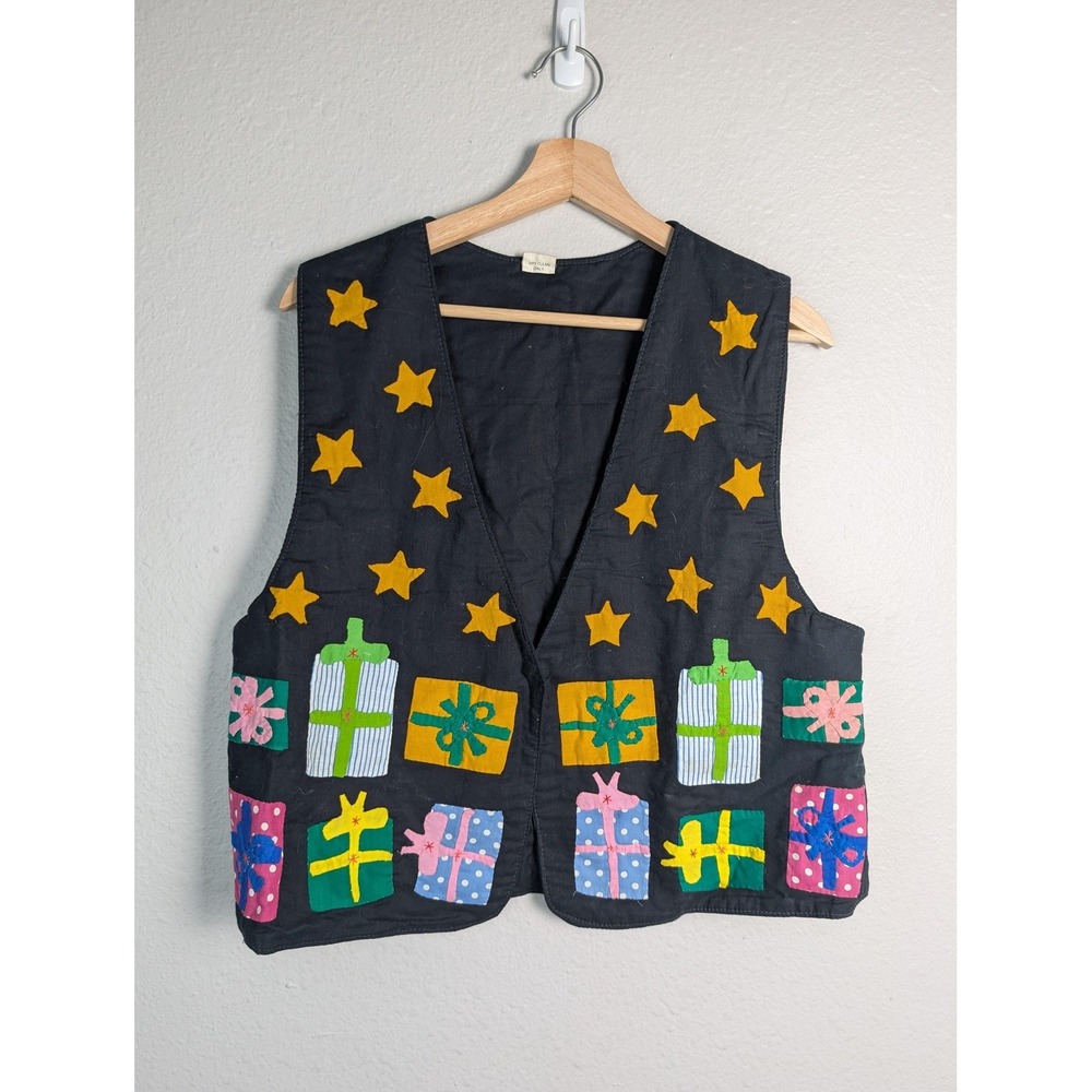 Christmas Vest Womens Large Black‎ Quilted Cotton Tree Gifts Applique Holiday